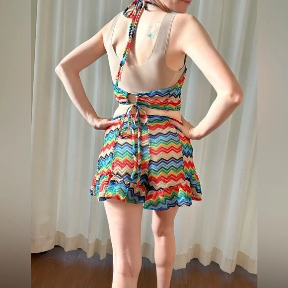 Rainbow Rocking Short Set Halter Top Chevron Ruffled - Picture 6 of 13